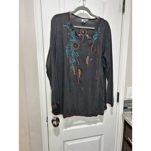 A&A Top Blouse Embroidered Dream Catcher Boho Witchy Mystical Feather Fall Sz L